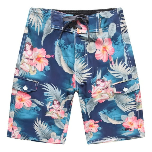 Men's Beach Wear Board Shorts with Pocket in Blue Hula Girl Cocktail 34