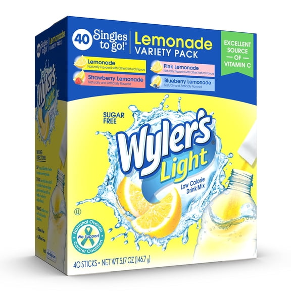 2 Pack-Wylers Light Singles To Go Powder Packets, Water Drink Mix, Variety Pack, Pink, Strawberry & Blueberry Lemonade, Sugar & Caffeine Free, On-The-Go, 40 Count