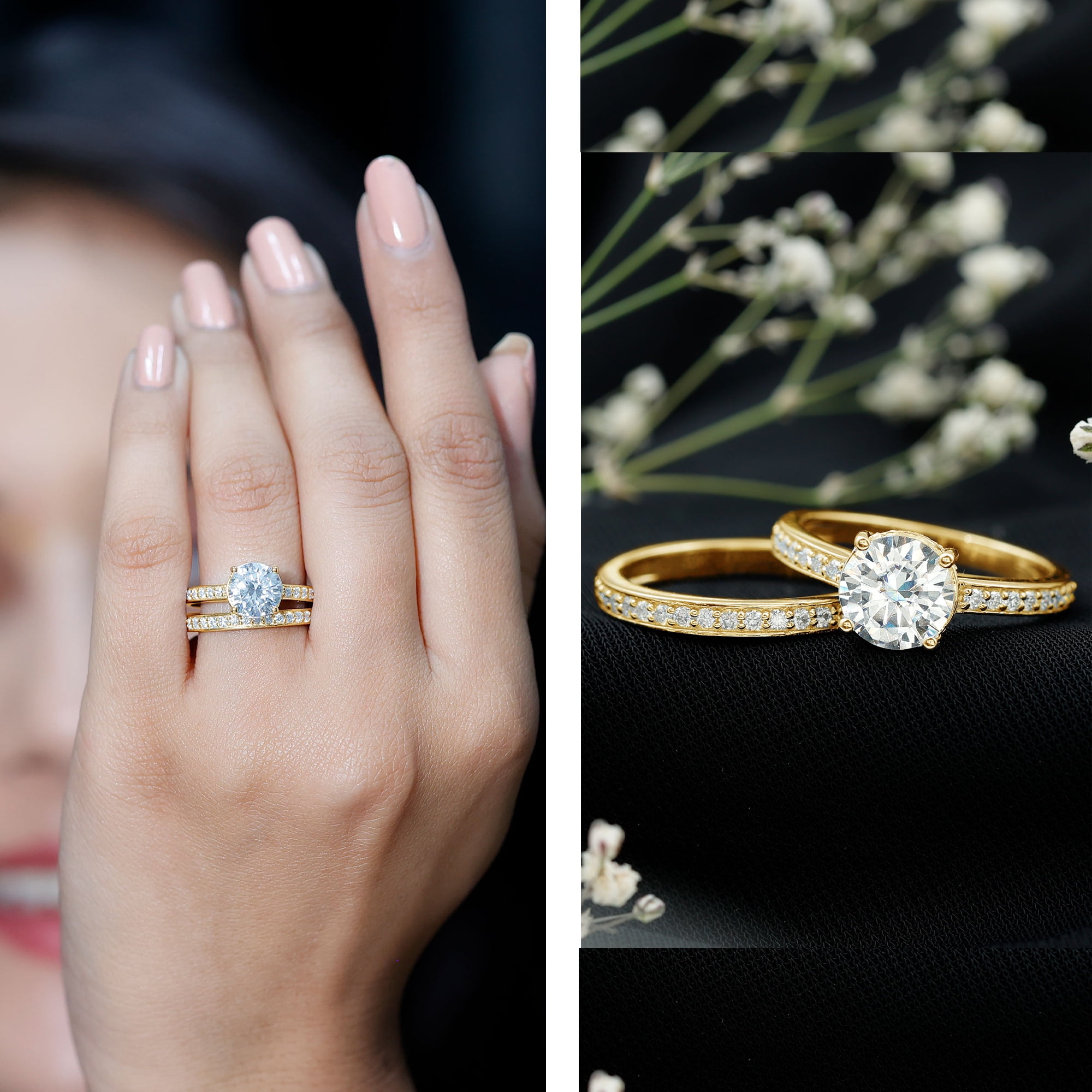 Rosec Jewels Lab Grown Diamond Wedding Engagement Ring Set for Women - 2 Carat Engagement Ring with Band - EF-VS Quality, 10K Yellow Gold, US 8.50