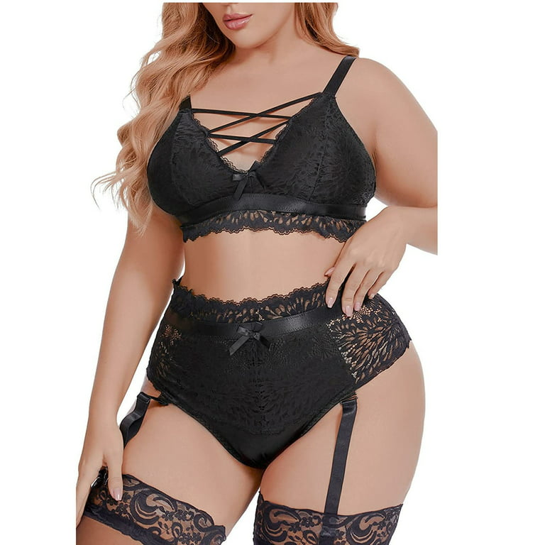 YDKZYMD Black Womens Lingerie Plus Size Sexy Strappy Lace with Garter Bra  and Panty Set 3 Piece L 