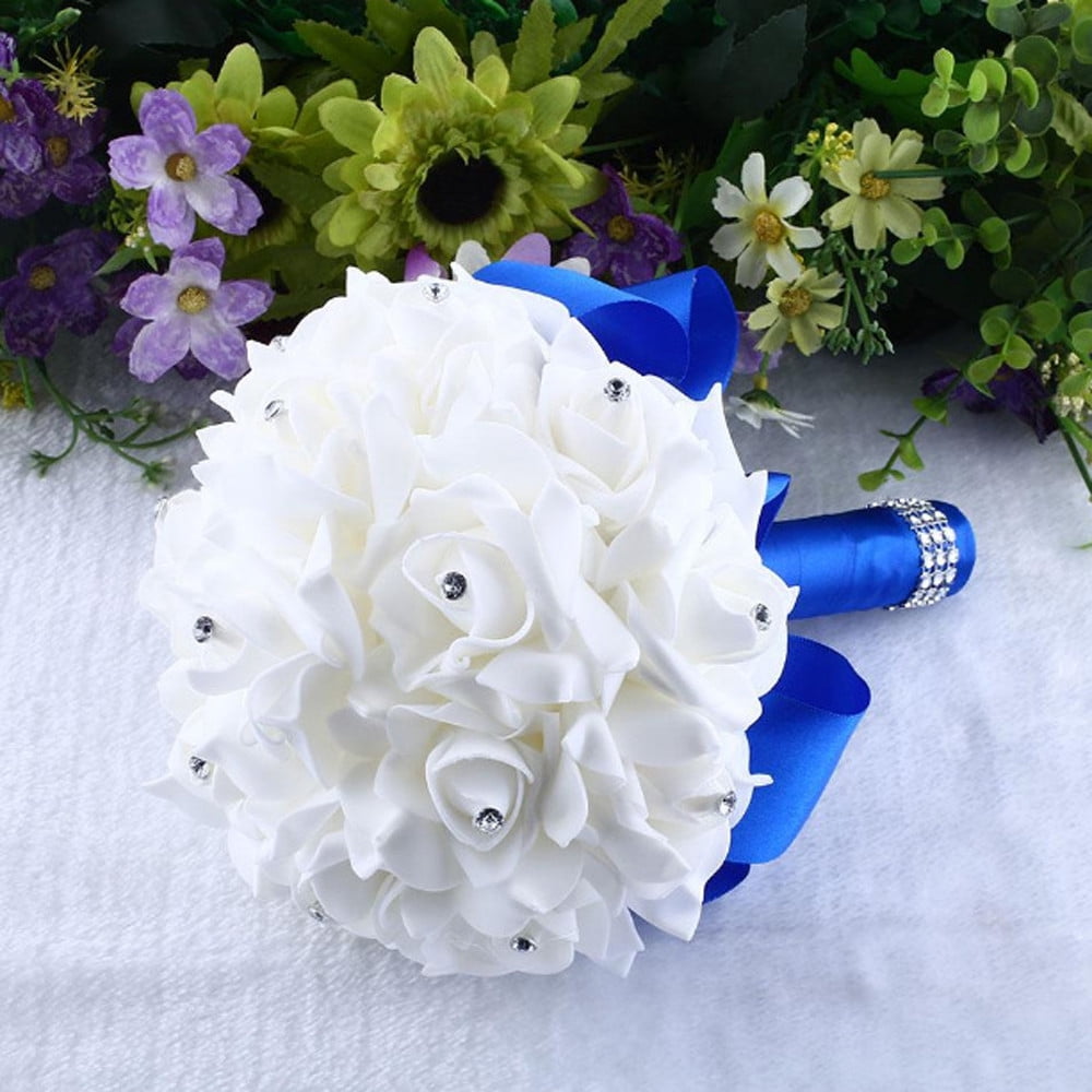 Crystal Roses Pearl Bridesmaid Wedding Bouquet Bridal Artificial Silk Flowers 