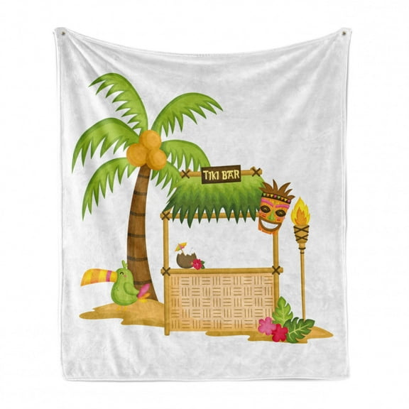 Luau Soft Flannel Fleece Throw Blanket, Cartoonish Design Tropical Concept Graphic of a Tiki Bar Palm Toucan, Cozy Plush for Indoor and Outdoor Use, 60" x 80", White and Multicolor, by Ambesonne