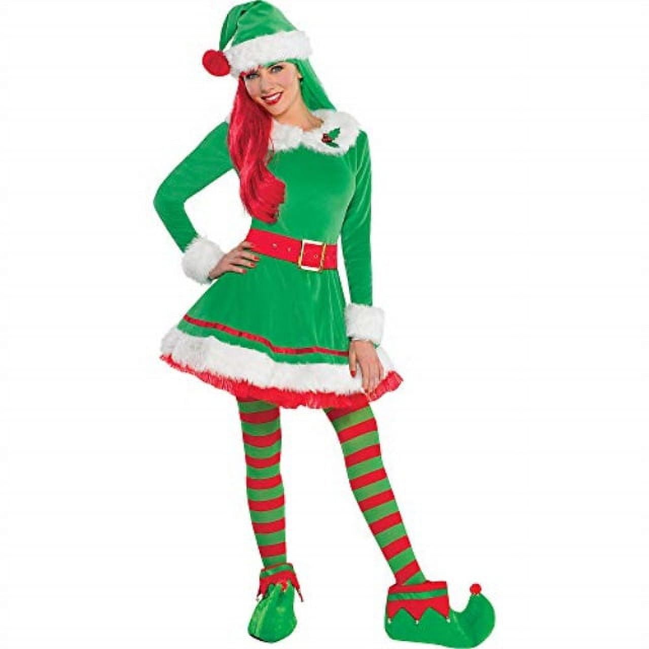 walmart christmas elf dress Women Elf Costume Christmas Outfit Adult 5pcs Velvet Dress Cosplay Holiday  Halloween Xmas Party Set with Hat Belt Shoes Cover Socks
