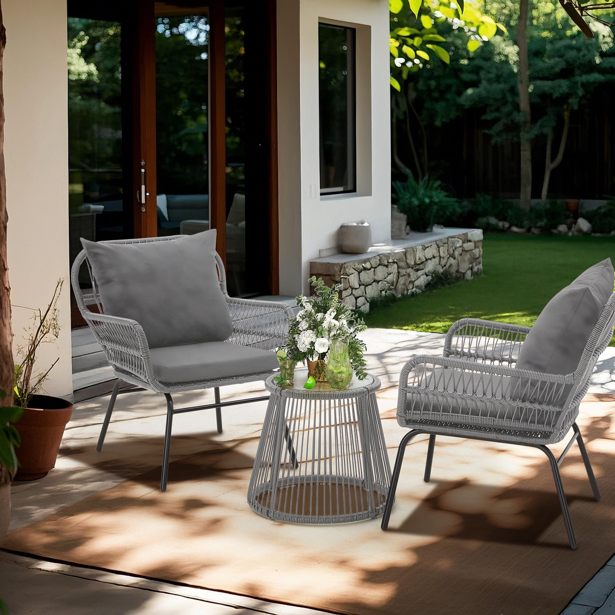 Bezseller 3-Piece Outdoor Wicker Furniture Set, Patio Conversation Set, Gray