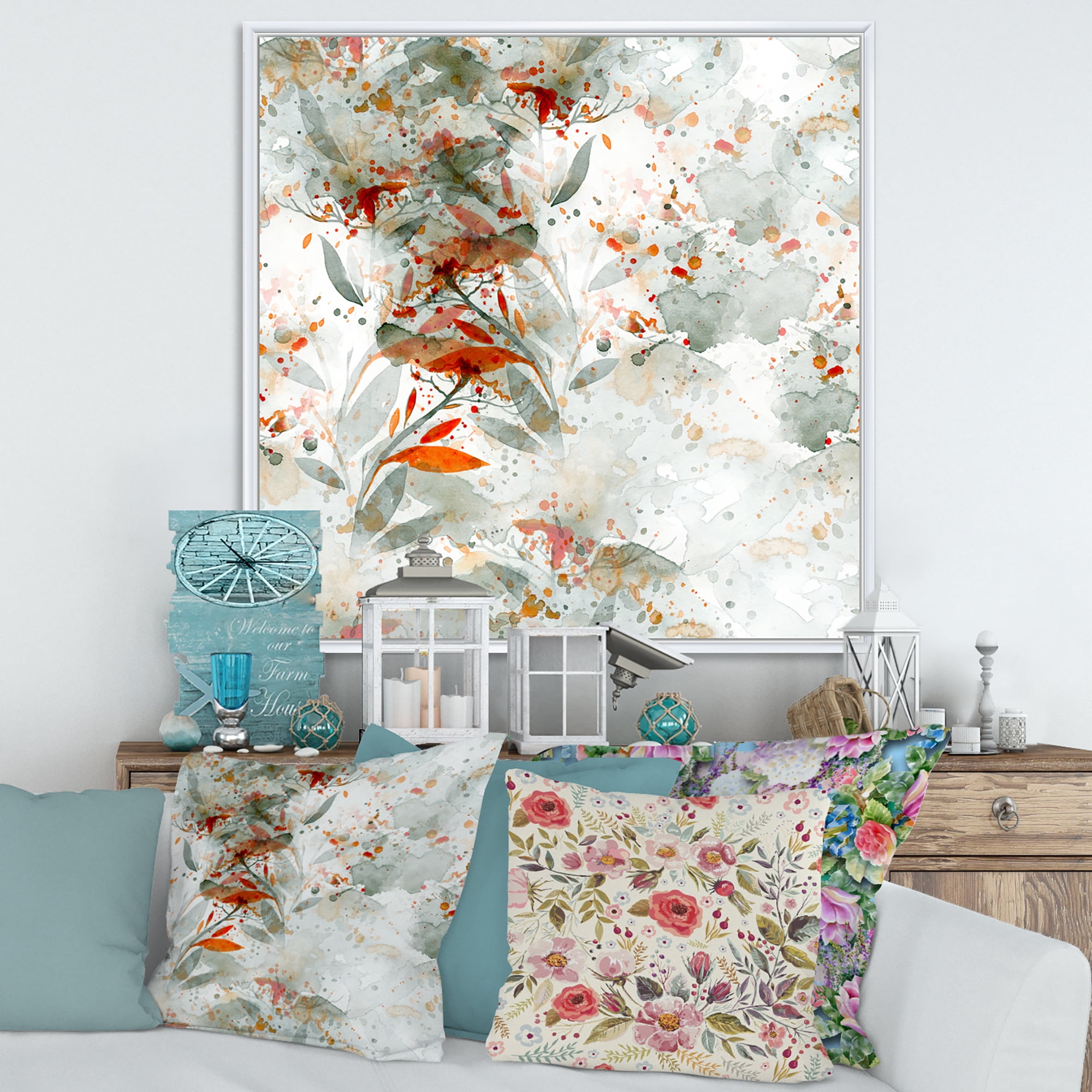 Designart 'Orange and Green Wildflowers II' Modern Framed Canvas Wall Art Print