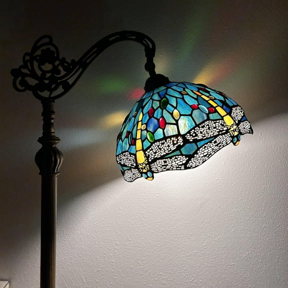 Enjoy Décor Lamps Tiffany 1-Light Dragonfly Gooseneck Adjustable LED Bulb Included Reading Floor Lamp with Stained Glass Bowl Multicolor
