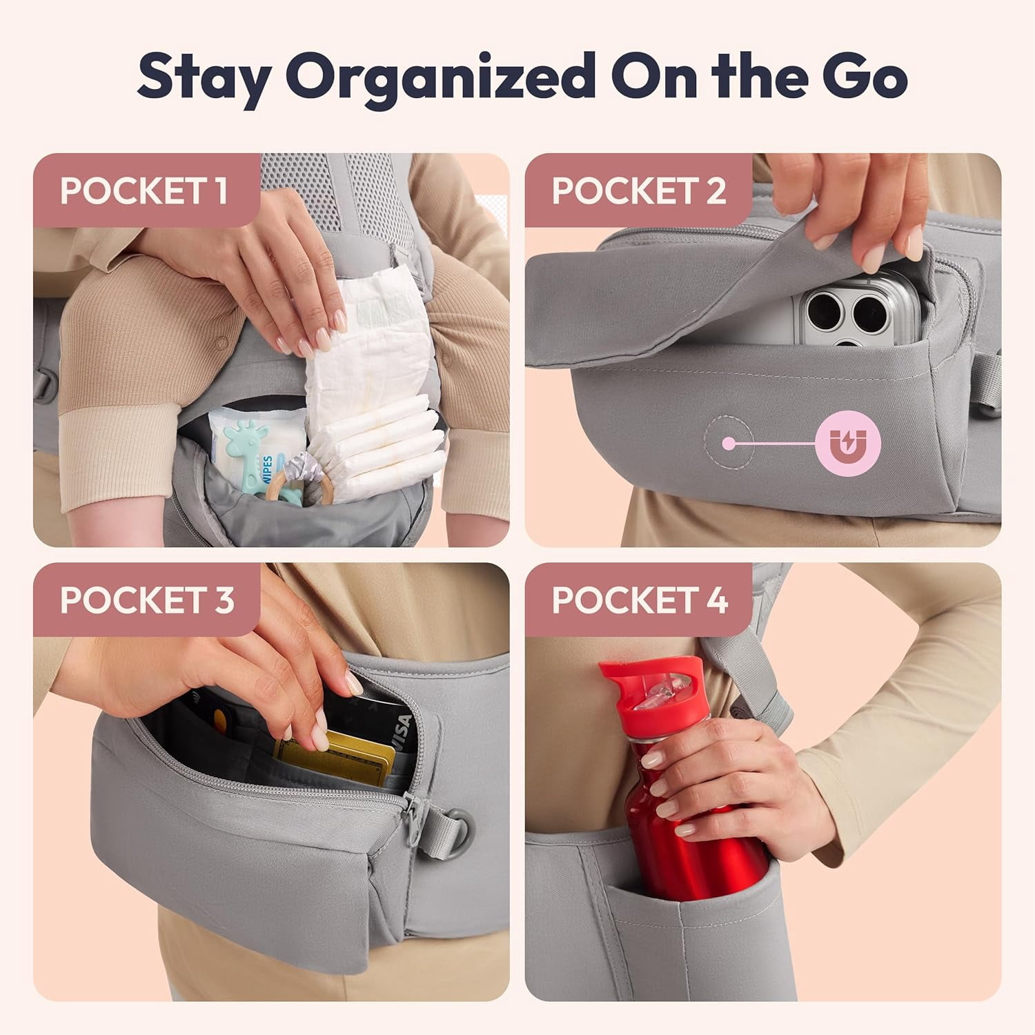 BabbleRoo Grow Plus Carrier – Safety Certified Organic Cotton Baby Carrier with Detachable Hip Seat, Infant to Toddler (7–50 lbs)- Light Gray