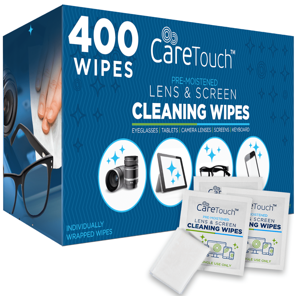 Care Touch Lens Cleaning Wipes, Pre Moistened Cleansing Cloths Great for Eyeglasses, Phones