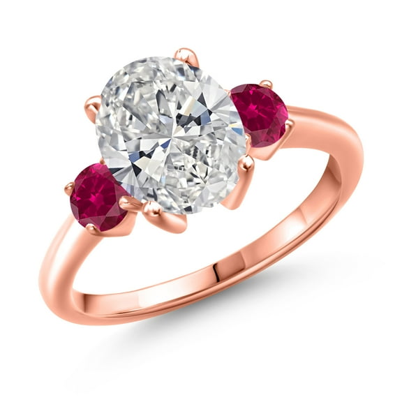 2.50 cttw IGI Certified Lab Grown Diamond and Red Created Ruby 3-Stone Engagement Ring for Women | 18K Rose Gold Plated Silver | Center 2.00 Ct Diamond | D-E Color | VS1-VS2 Clarity | Size 9