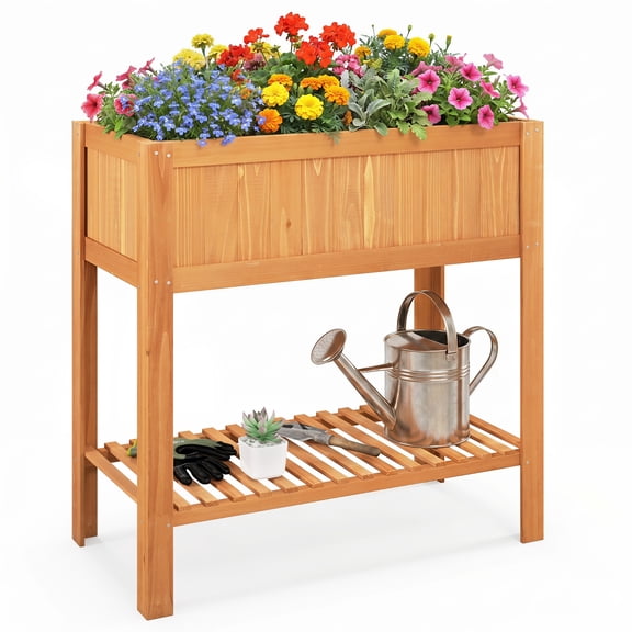 Costway Raised Garden Bed 39 x 20 x 39In Outdoor Fir Wood Planter Box with Storage Shelf Orange