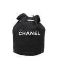 thumbnail image 1 of Pre-Owned Chanel Novelty Logo Print Pool Bag Shoulder Drawstring Black White Canvas Women's..., 1 of 11