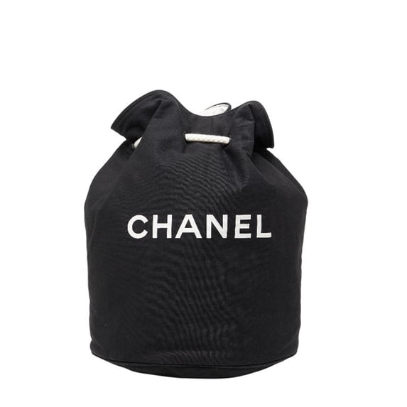 Pre-Owned Chanel Novelty Logo Print Pool Bag Shoulder Drawstring Black White Canvas Women's...