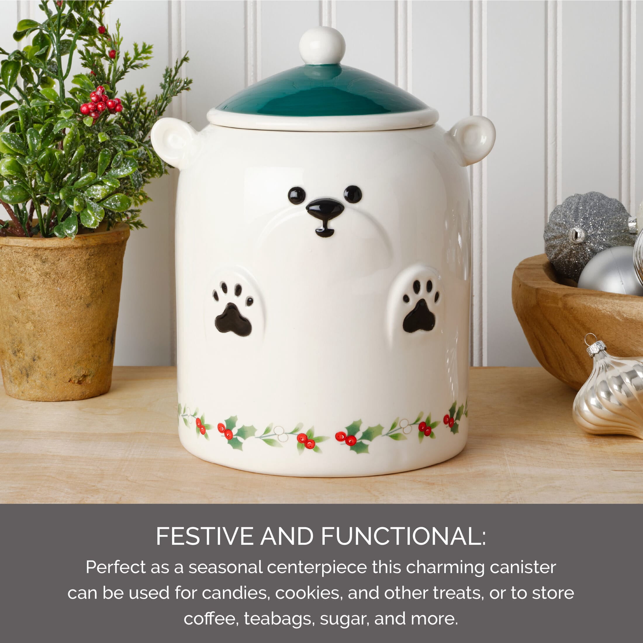 Pfaltzgraff Winterberry 9 in Dolomite Canister Polar Bear