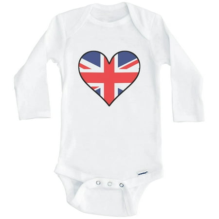 

British Flag Baby Bodysuit - Cute British Flag Heart - United Kingdom Baby Bodysuit (Long Sleeve) 3-6 Months White