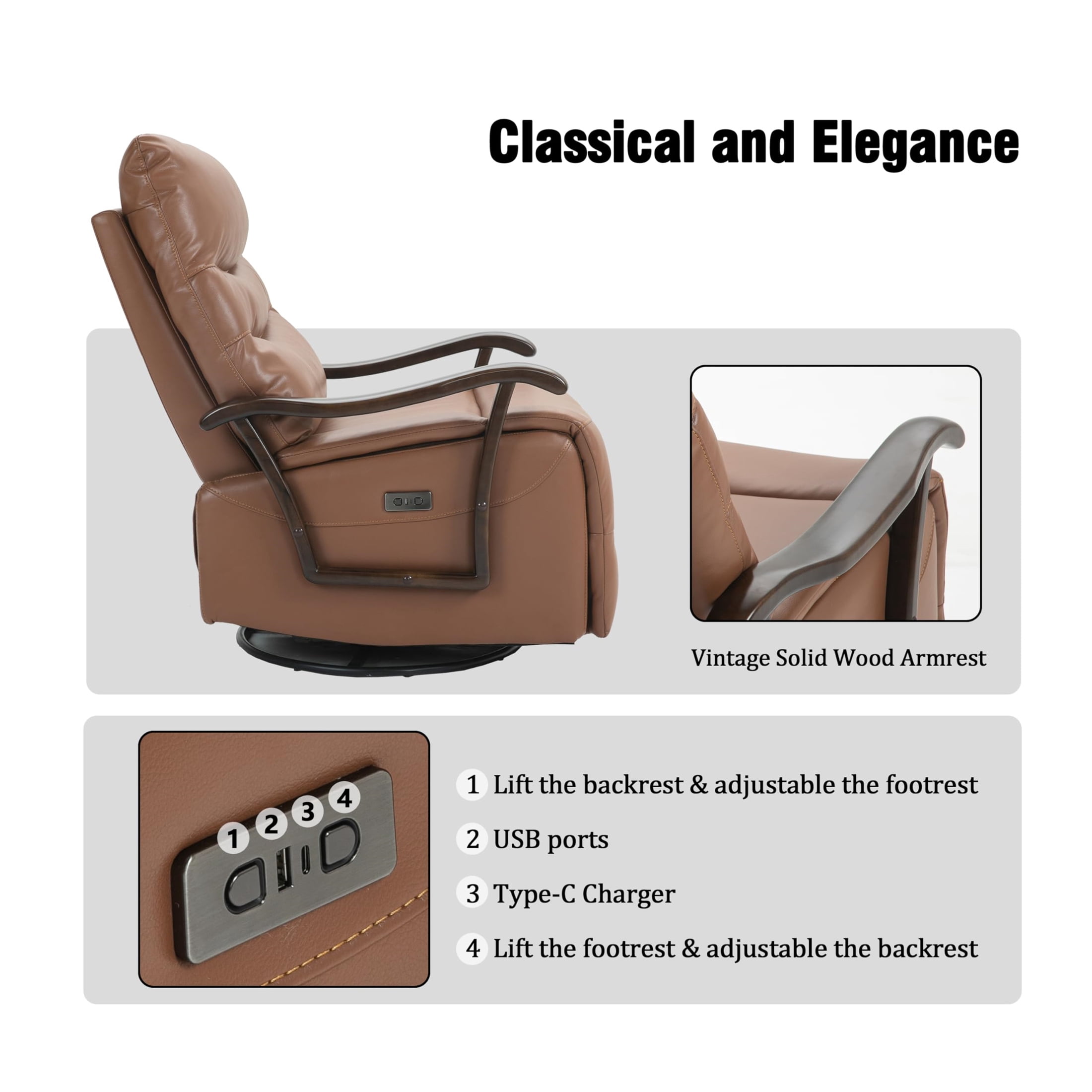 Aukfa Power Recliner Swivel Glider, Living Room Reclining Sofa Chair with USB Port, Leather, Brown