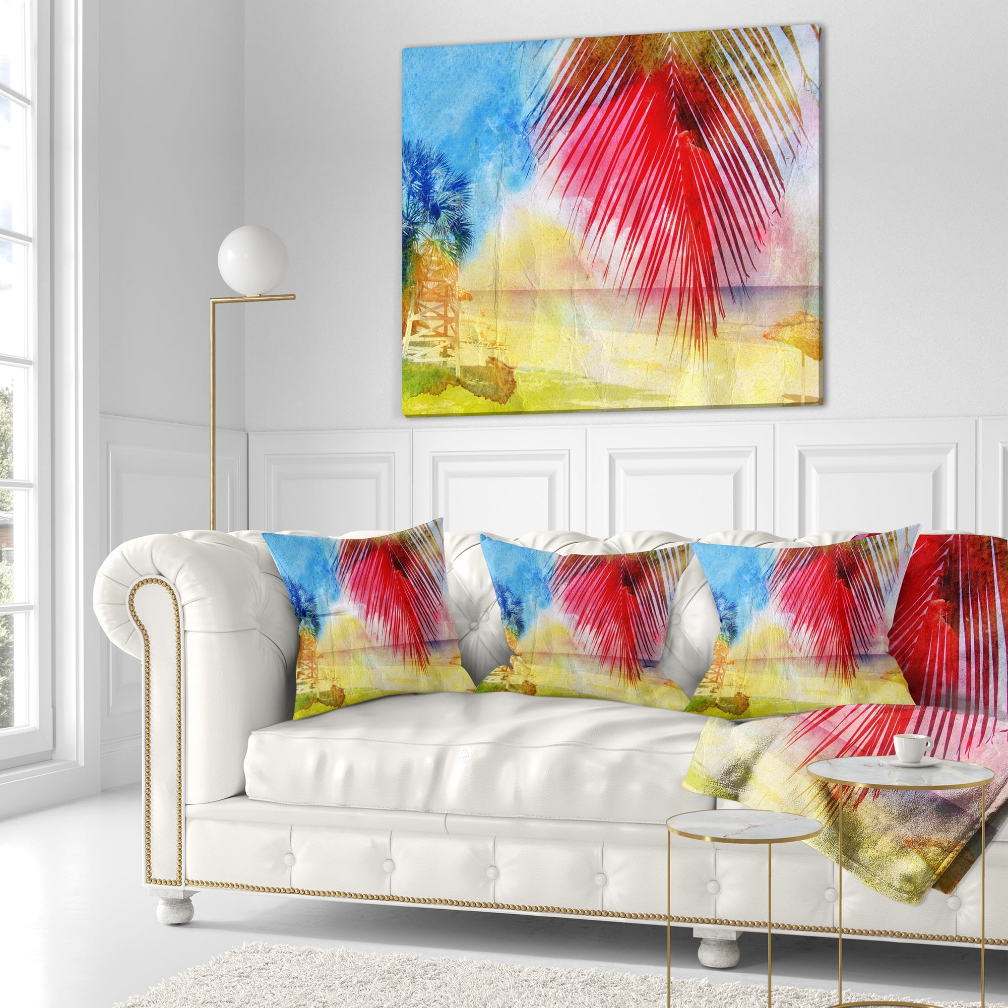 Designart Retro Palm Leaf Watercolor - Trees Painting Throw Pillow - 18x18