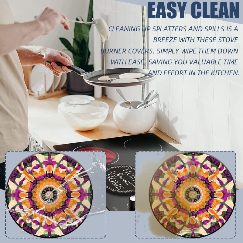 Round Electric Stove Burner Covers for Electric Stove, Bohemia Flowers Pattern Decorative Metal Gas Stove Burner Covers Set of 4 for Kitchen, 8 Inches and 10 Inches