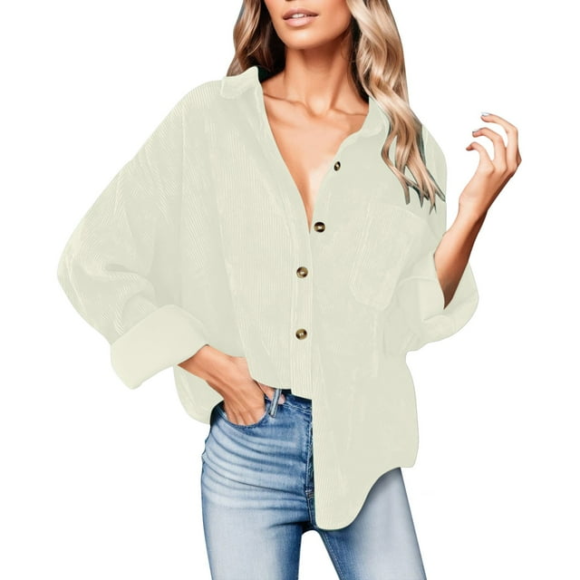 GYUJNB Womens Corduroy Button Down Shacket V Neck Long Sleeve Casual Shirt Jacket Oversized Blouses Tops