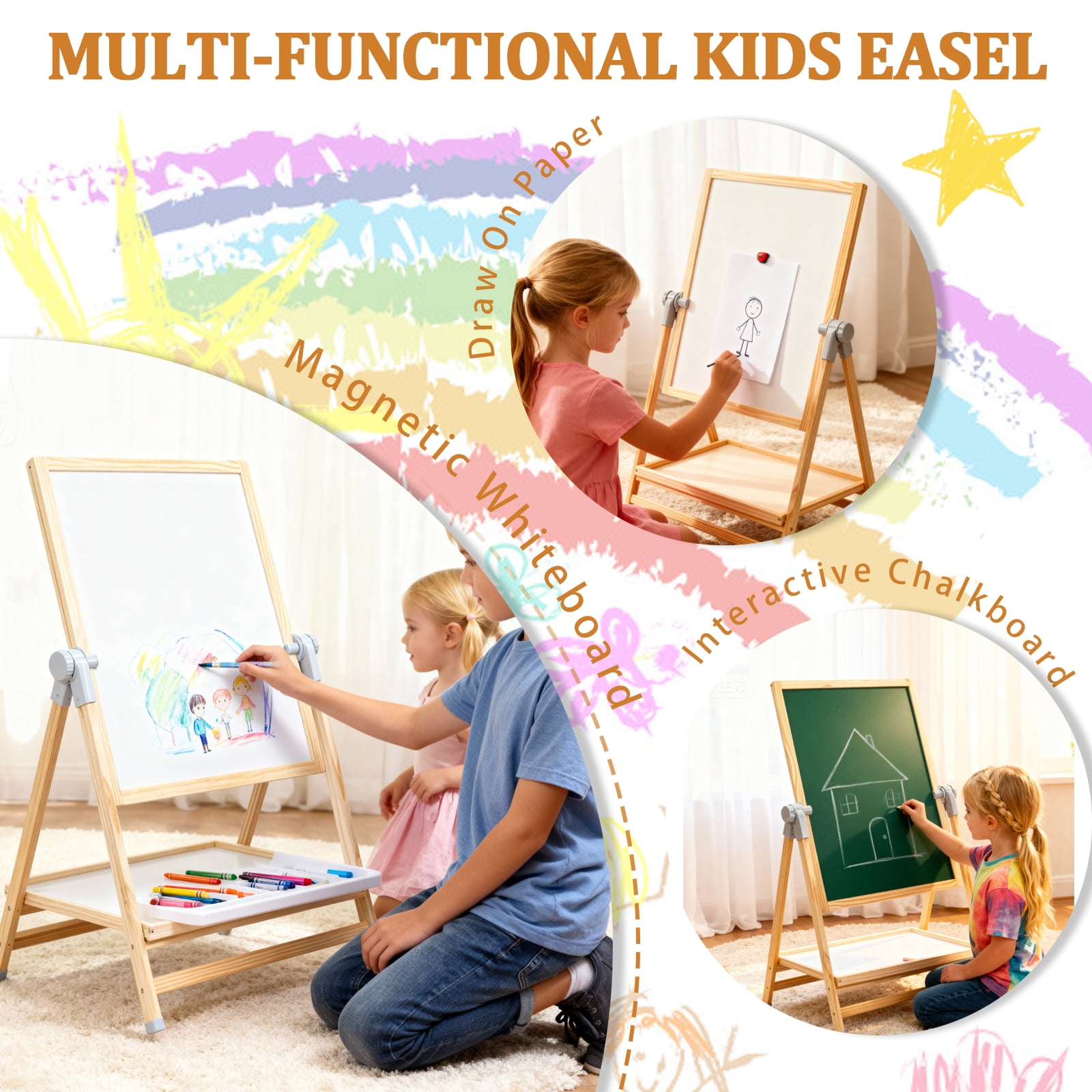EVGTTI Art Easel for Kids, Adjustable Double-Sided Magnetic Easel, Wooden Kids Art Easel with Shelf, Safe Learning Toy for Boy & Girls
