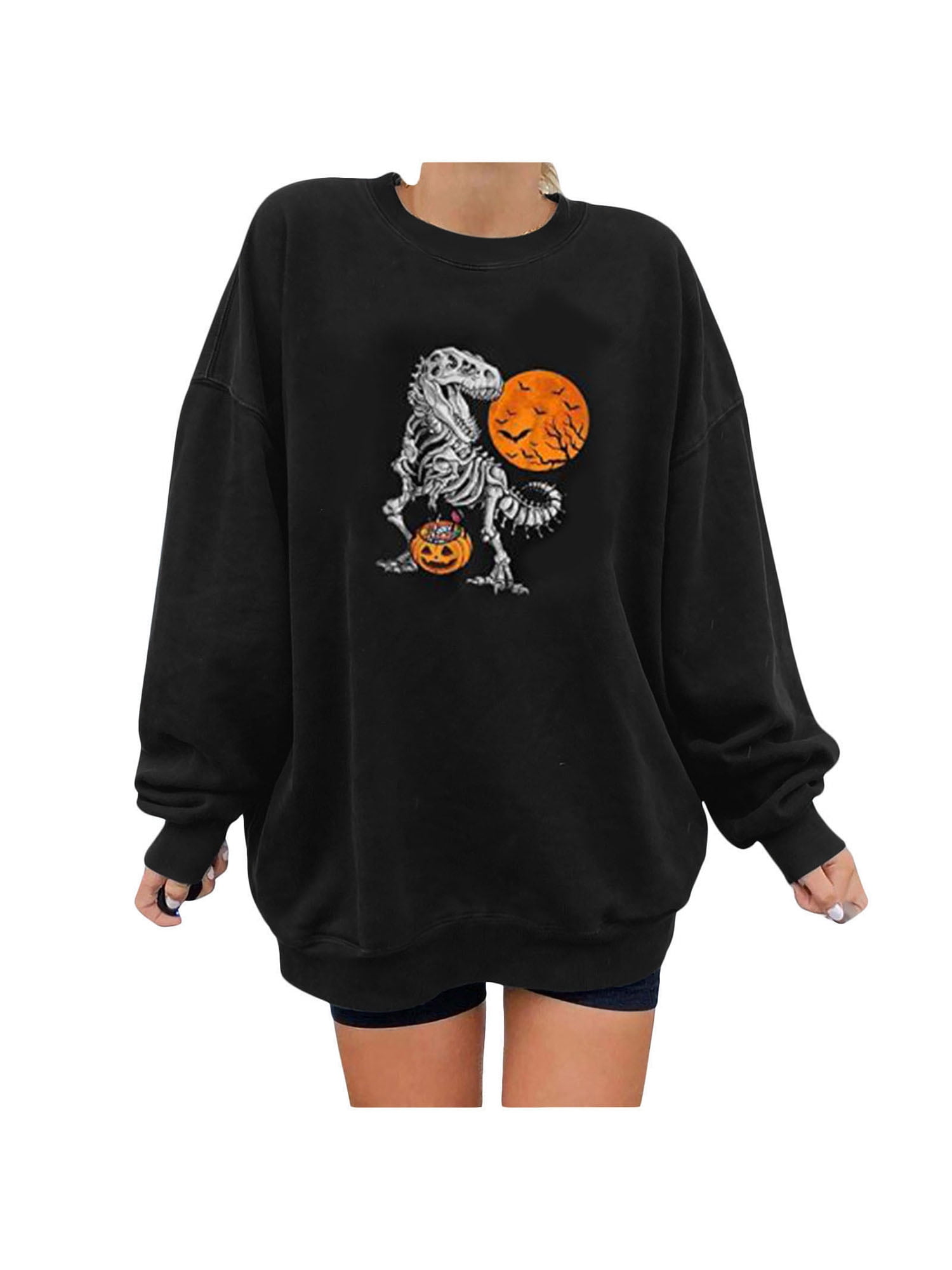Women MidCalf Long Sleeves Pumpkin Bat Print V-notch Plus Size Halloween Dress