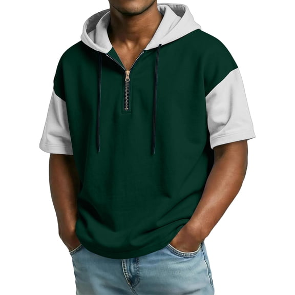 Men's Casual Color Block Hooded Zipper Neck Short Sleeve Sweatshirt, Sporty Top for Spring and Summer Outdoor,Army Green,L