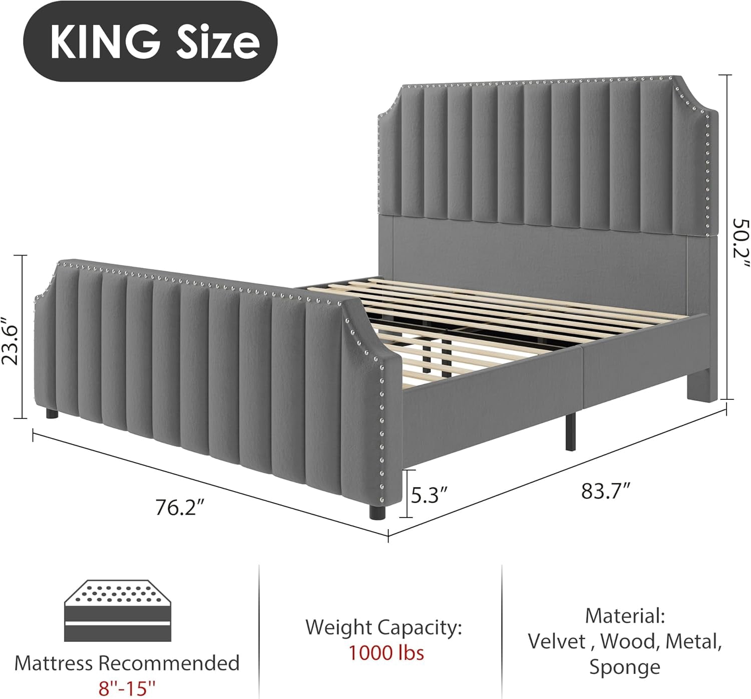 WhizMax King Platform Bed Frame with 50.2'' Headboard, Velvet Upholstered Bed Frame King with Vertical Channel Tufted Headboard & Footboard, Nailhead Trim, No Box Spring Needed, Gray