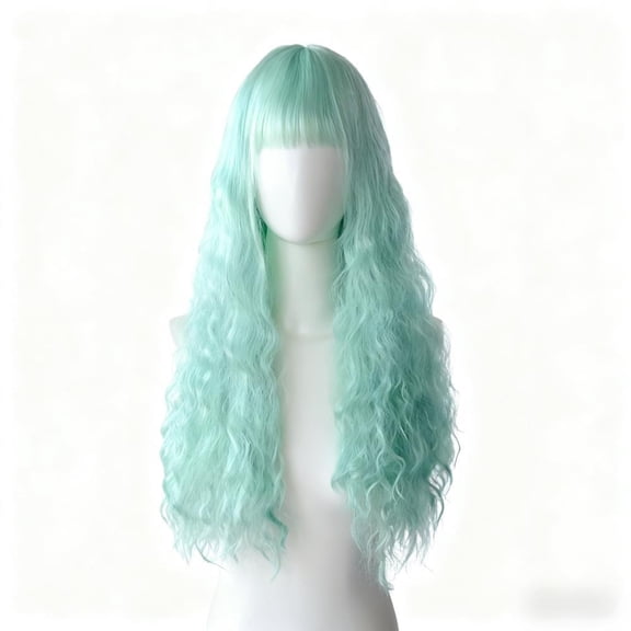 Mictong 26 inch long wavy wig with bangs, fashionable and natural long wavy wig with bangs, soft high-temperature silk wig, suitable for concerts and music festivals, 1 piece, mint green