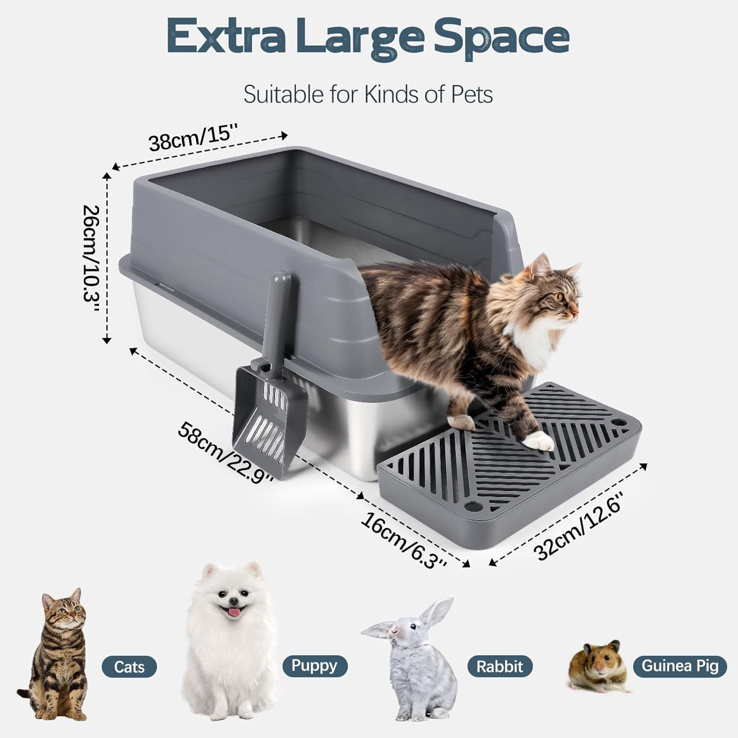 Kalolary Stainless Steel Litter Box, XL 22.9”x15”x 10.3” High Sided Metal Cat Litter Tray with Scoop, Filter Pedal for Anti-Splash, Odor-Free, Non-Sticky, Easy to Clean (Dark Grey)