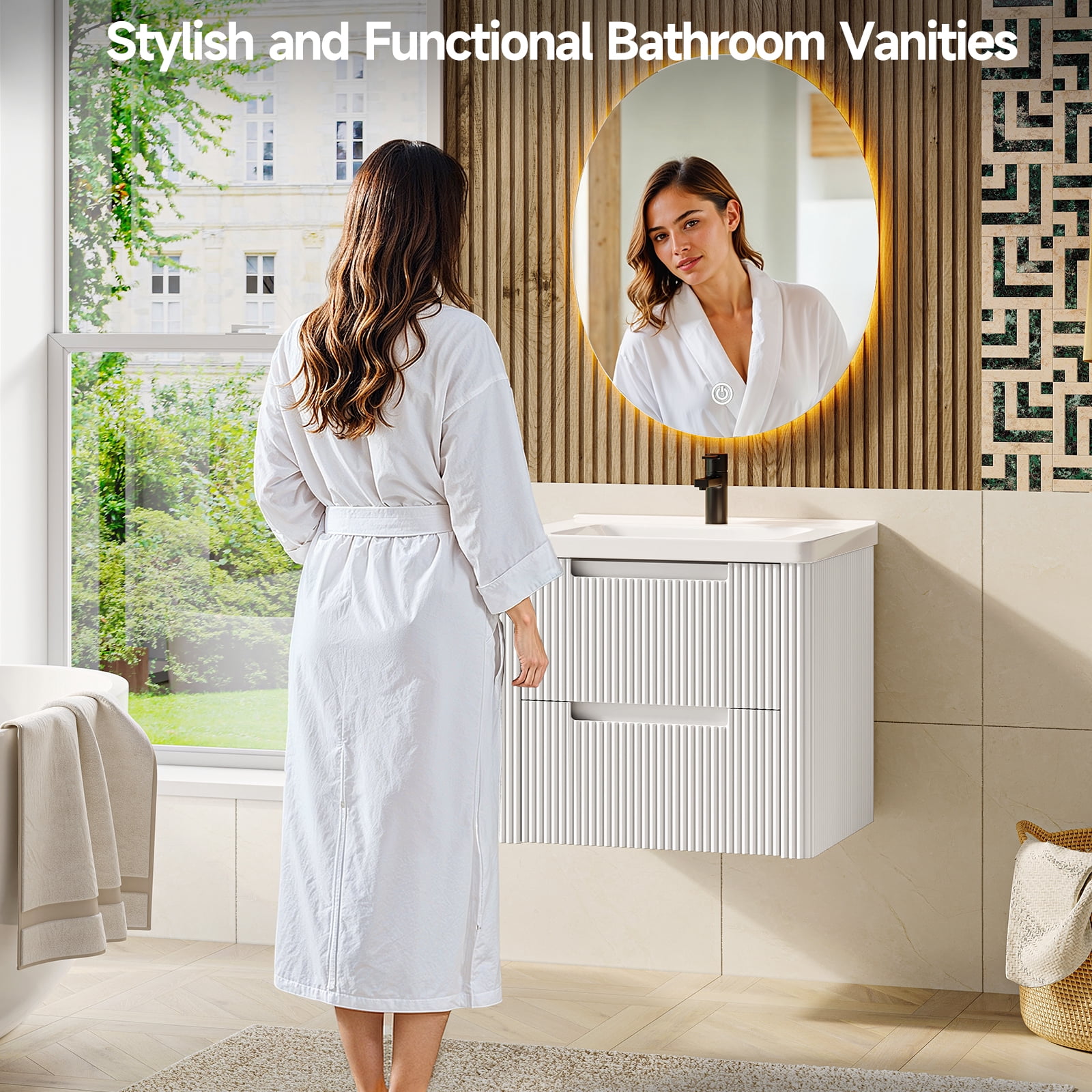 ROGALIS 24" Modern Bathroom Vanity, 2-Drawer, glossy resin Sink, Fluted Design,White