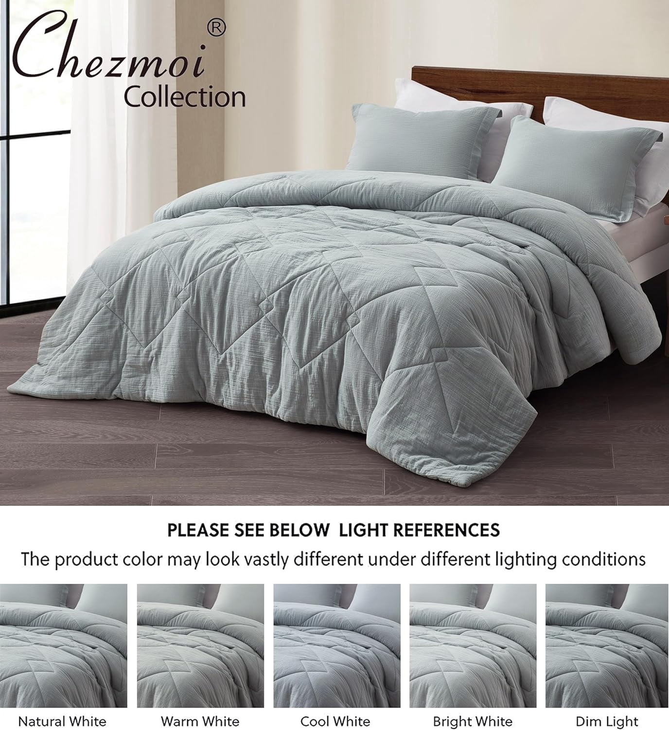 Chezmoi Collection Skye 3-Piece 100% Cotton Muslin Thin Comforter Set King, Light Blue-Gray Reversible Soft Washed Cotton Gauze Breathable Lightweight Summer Blanket