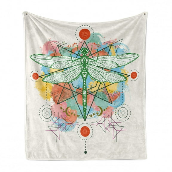 Dragonfly Soft Flannel Fleece Blanket, Tattoo Style Insect Alchemy Sacred Geometry Symbols Occultism Astrology, Cozy Plush for Indoor and Outdoor Use, 50" x 70", White and Multicolor, by Ambesonne