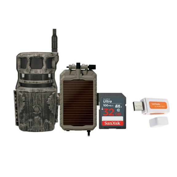 Stealth Cam Revolver 36MP 360-Degree Cellular Trail Camera Bundle with Lithium Solar Power Panel, 32GB Ultra SDHC UHS-I Memory Card, and SD USB 2.0 Card Reader (4 Items)