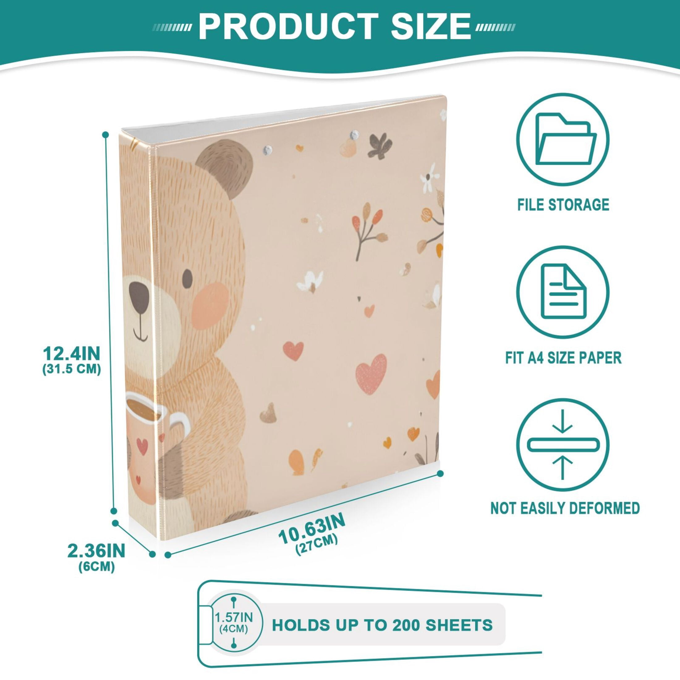 Cute Cartoon Bear 3 Ring Binders 1.5 inch Hardcover File Folders with Interior Pockets A4 Size Organizer for School Office Hospital