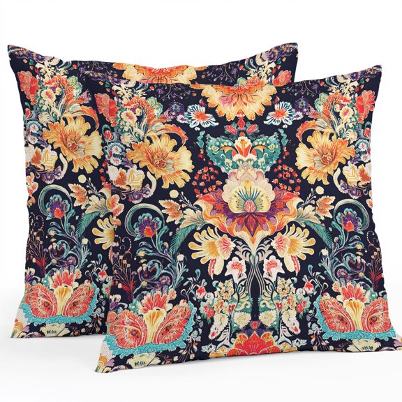 Vintage Flowers Outdoor Pillow Covers, Waterproof Decorative Throw Pillowcases Set of 2, Ethnic Boho Floral Botanical Black Couch Cushion Cases with Zipper for Outside Patio Garden Sofa 20"x20"
