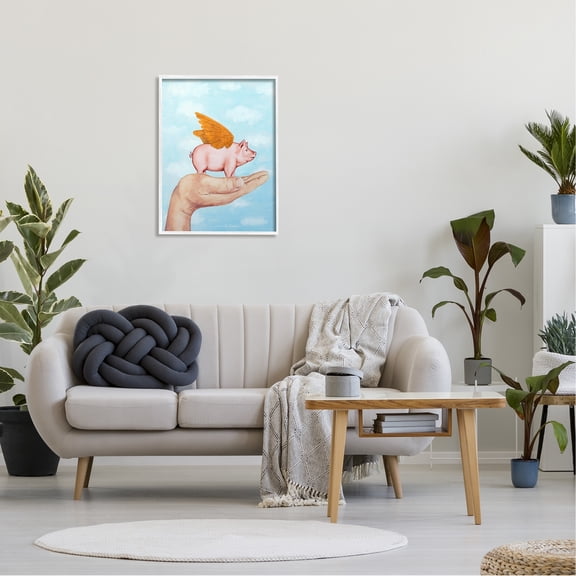 Stupell Industries Flying Pig in Palm Wings Fluffy Clouds Illustration, 24 x 30, Design by Coco de Paris