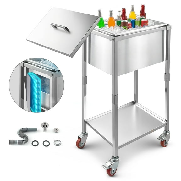 VEVOR Rolling Ice Chest Cooler Cart, 22"L x 16"W x 38"H Stainless Steel Cooling Bin on Wheels, 32.8 Quart Outdoor Stand Up Cooler Trolley with Shelf, for Patio Backyard Party Bar Cold Drinks