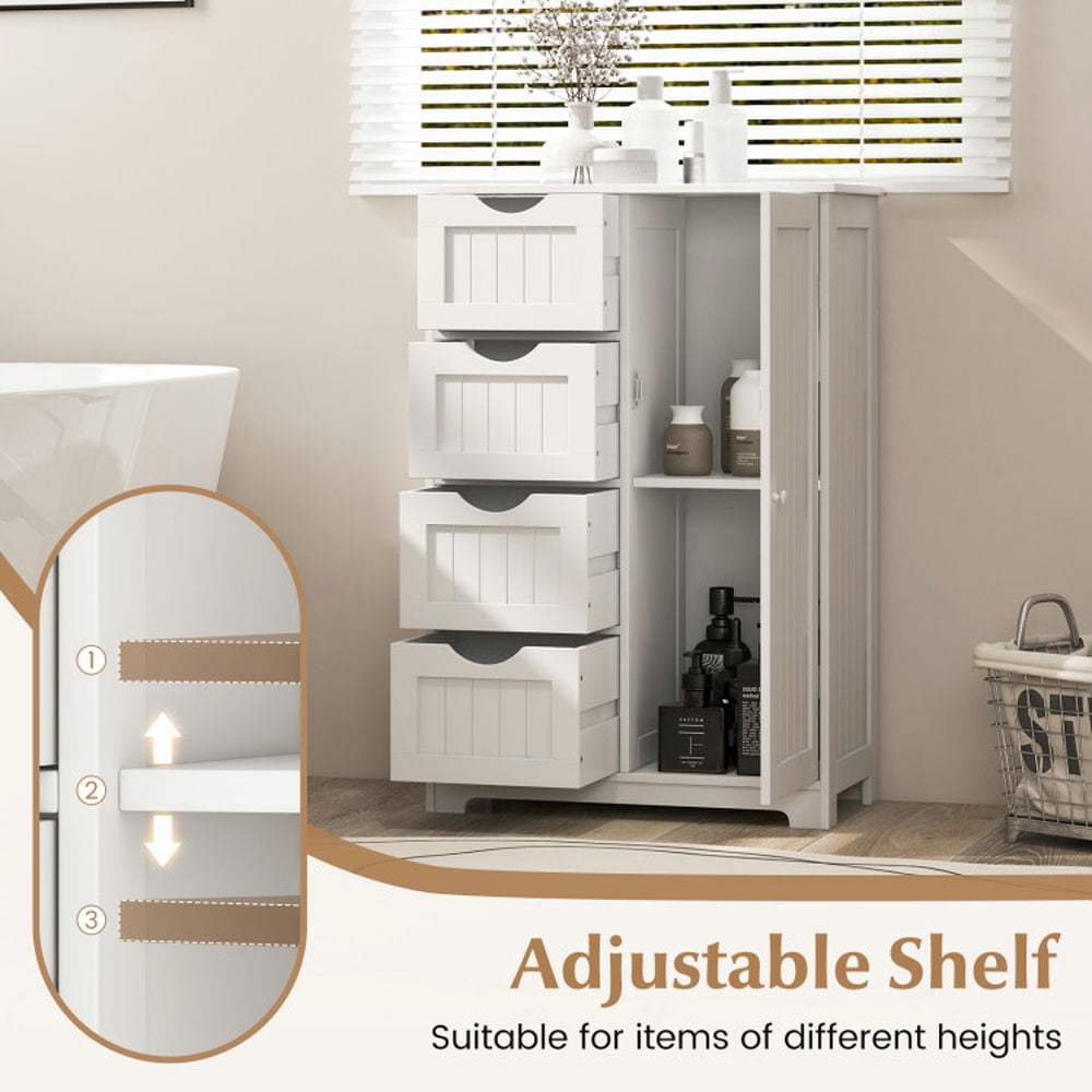 Finihen Storage Cabinet, Floor Cabinet, Standing Indoor Wooden Cabinet with 4 Drawers, for Bathroom, Living Room, Bedroom, Kitchen, White