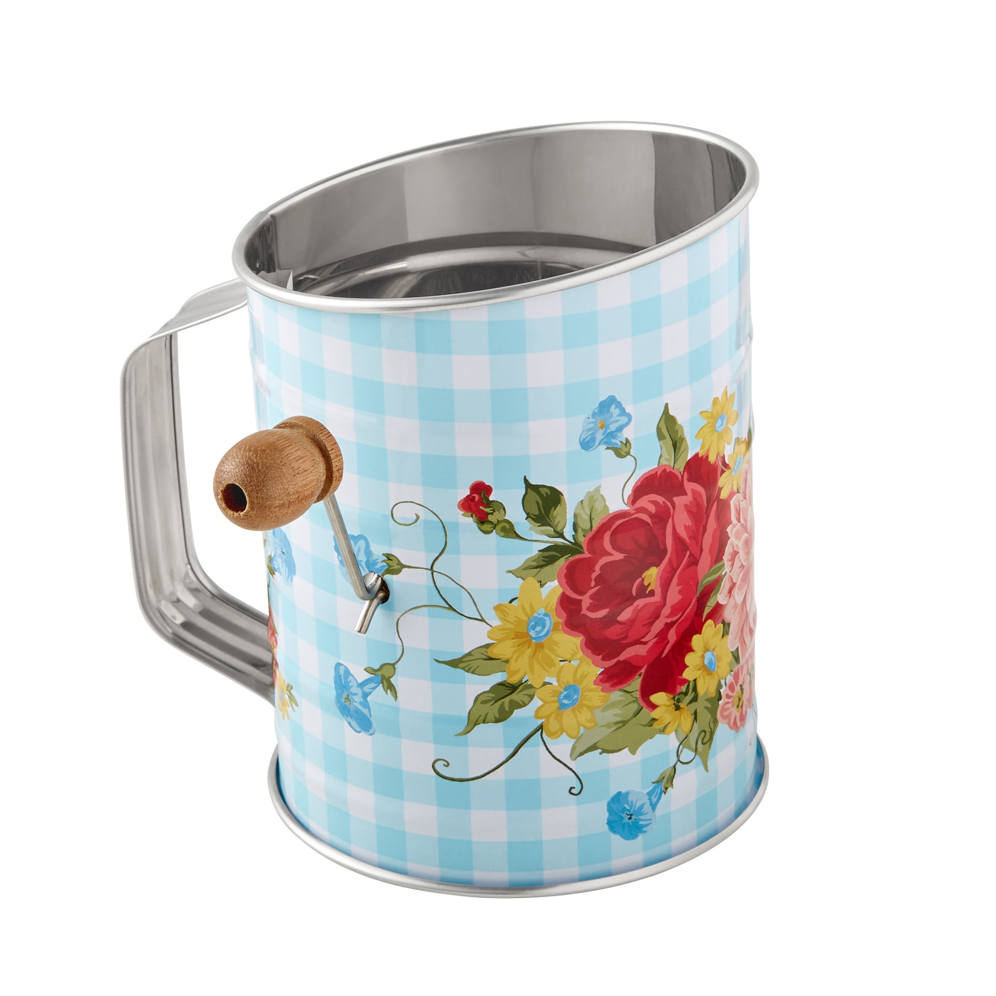 The Pioneer Woman 3-Cup Stainless Steel Tin Flour Sifter with Acacia Wood Crank Knob, Sweet Rose