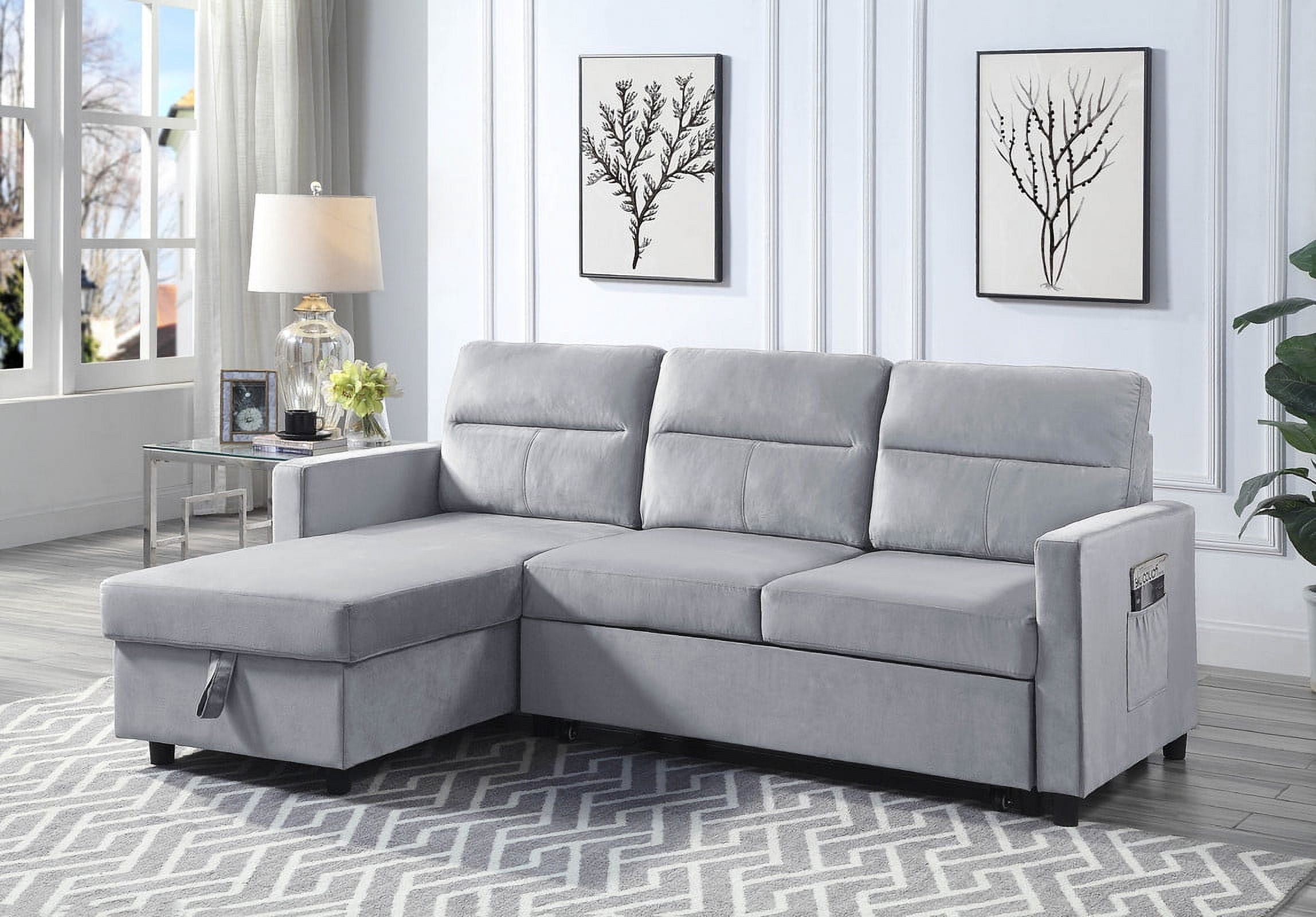 Howcool 82" Reversible Sleeper Sectional Sofa, L-Shaped Pull Out Couch with Storage Chaise & Side Pocket, Velvet Sofa Bed for Living Room, Light Gray