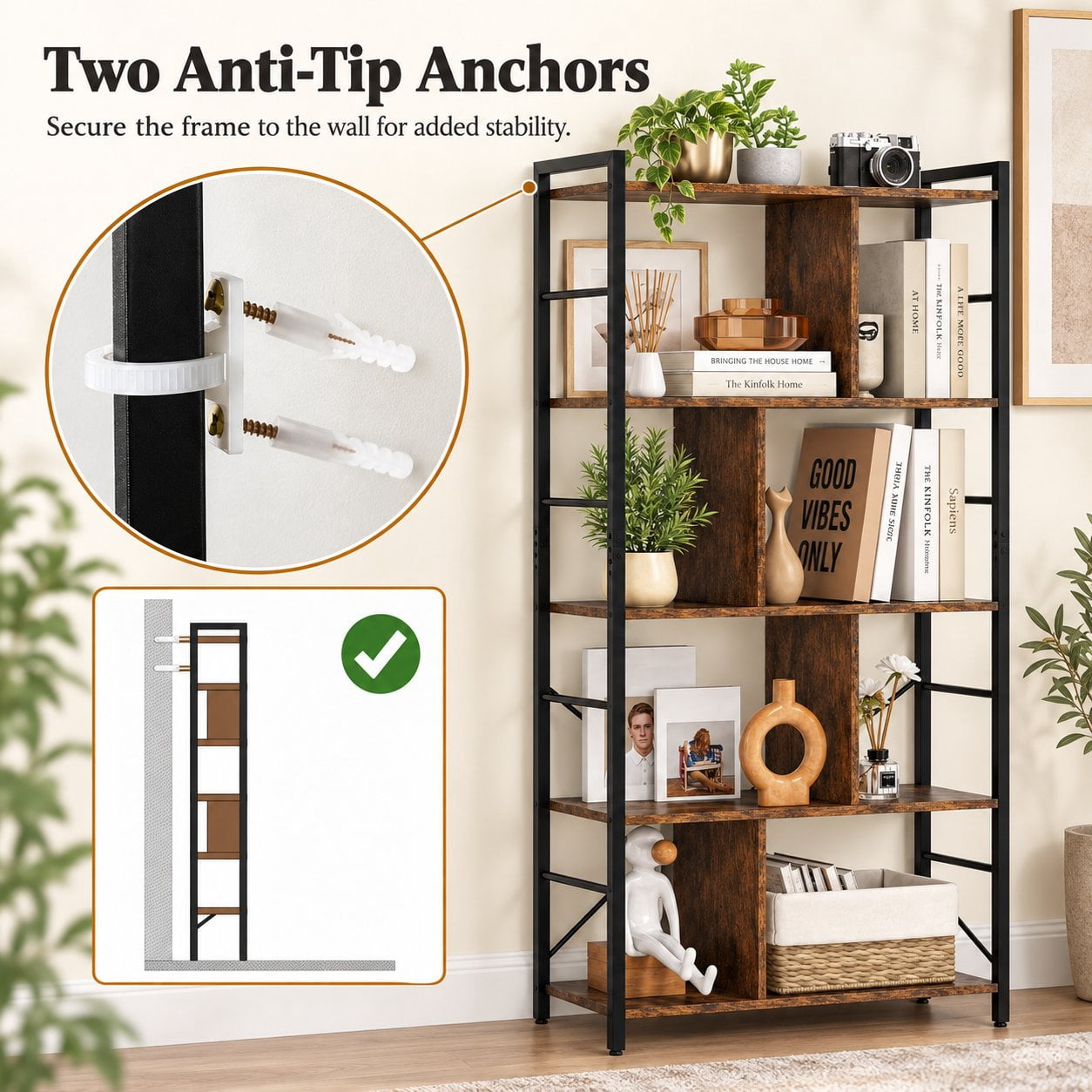 Furnibear 5-Tier Bookcase 61 Inch Tall Industrial Bookshelf with Metal Frame and Anti-Tip Anchors for Living Room Home Office Bedroom, Rustic Brown