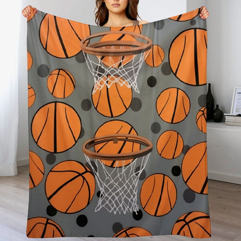 JEUXUS  Basketball Blanket Funny Basketballs Sports Balls on Gray Throw Blankets, Basketball Bedding Room Decor for Boys Girls, Basketball Gifts Warm Soft Fluffy Cozy Flannel Plush Blanket