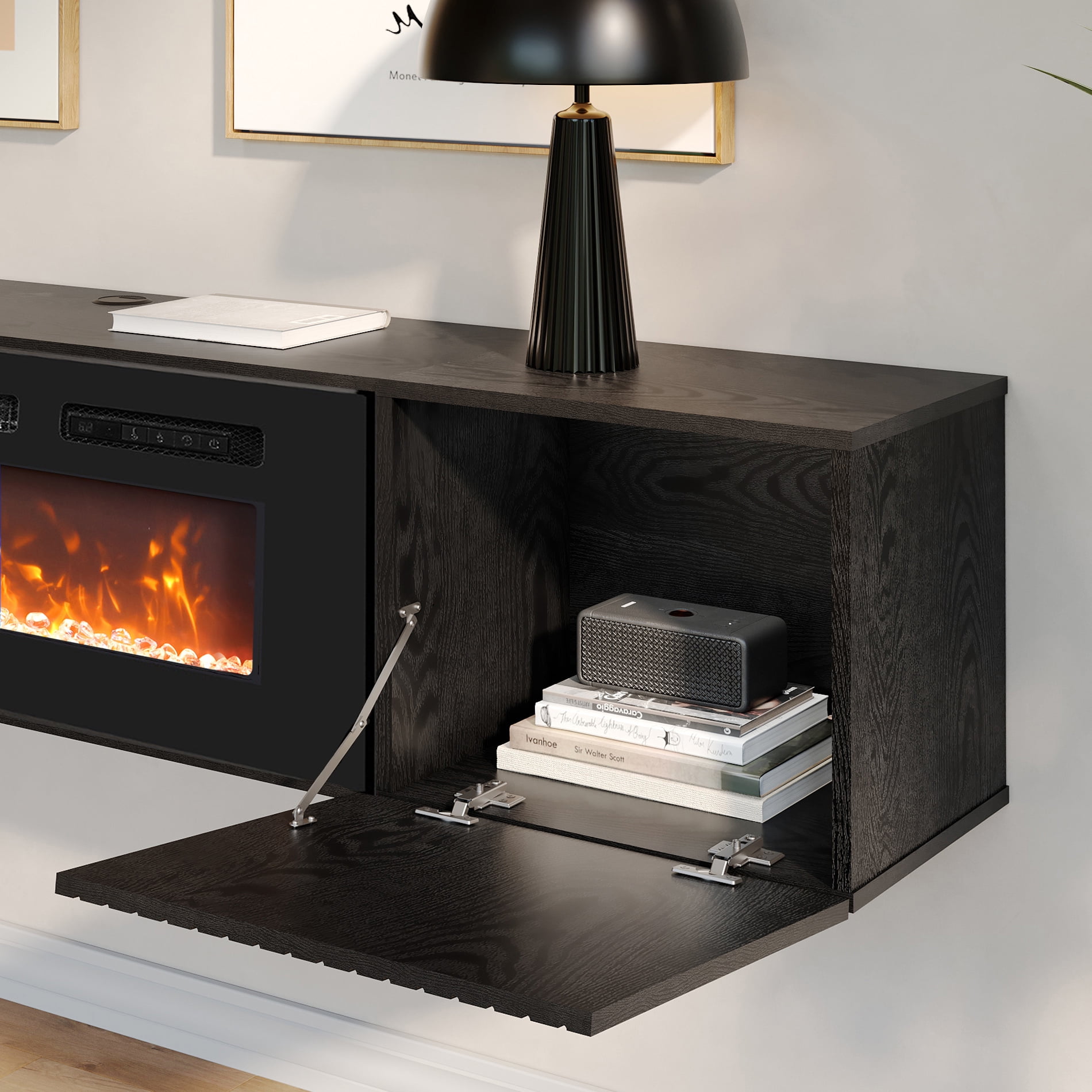 Fireplace Floating TV Stand with Fluted Doors and Yellow Light for TVs up to 80inch
