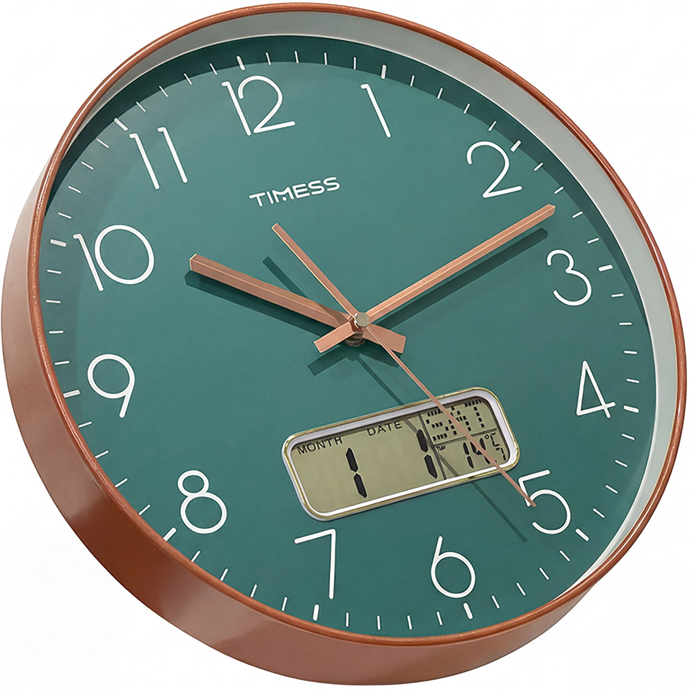 TIMESS 14 Inch Silent Wall Clock with Date Display, Large Easy-Read Numbers, Battery Operated, Modern Home Clock (Green)