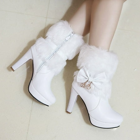 

Yinguo Women s Autumn And Winter Artificial PU Medium Fluff Warm Bowknot Waterproof Platform Thick Heel High Heel White Pink Snow Boots