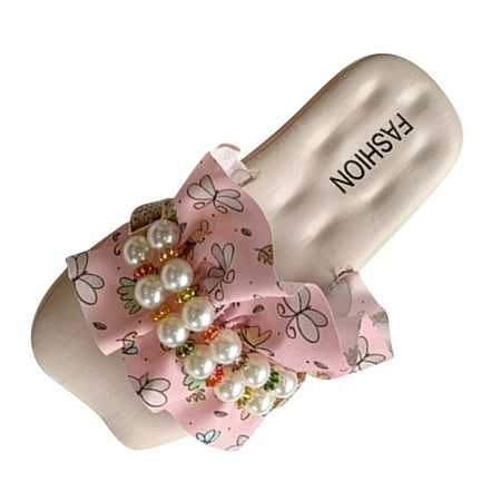 

MPWEGNP Children Slippers Fashion Floral Ruffle Pearl Flat Bottom Flip Flop Fashion Beach Slippers Sandals Girls 4 Toddler Girls Slides Sandals