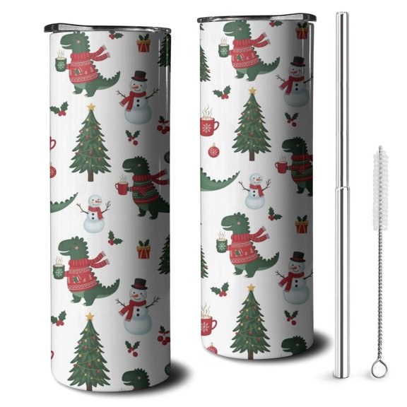 20oz White Cartoon Christmas Dinosaurs Sweaters Pattern Skinny Tumblers Stainless Steel Tumbler with Lid and Straw,Vacuum Insulated Double Wall Travel Tumbler Cups with Cleaning Brush for Coffee,Tea