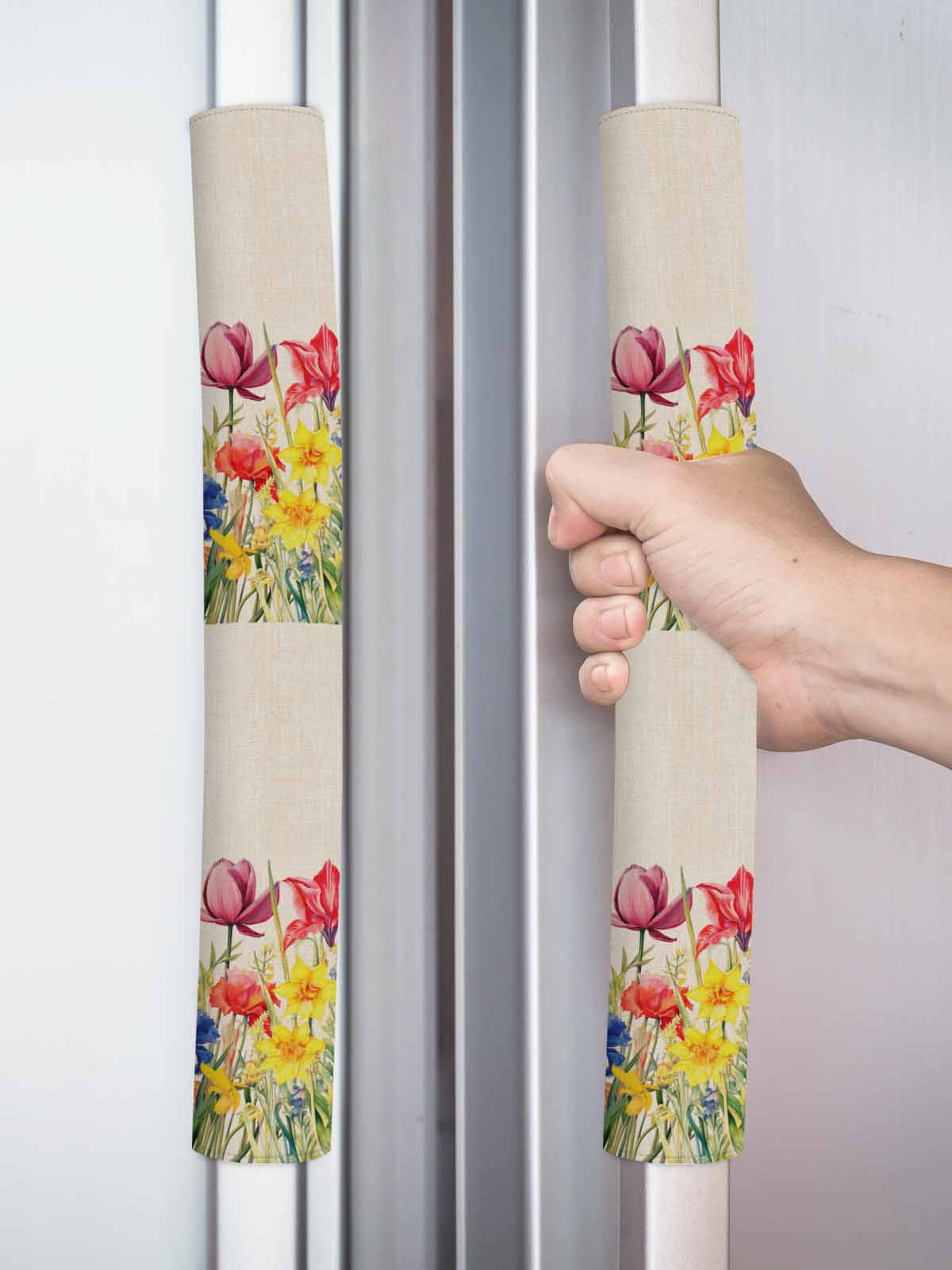 Colorful Tulip Refrigerator Door Handle Covers Set of 2, Spring Floral Watercolor Botanical Rustic Kitchen Fridge Microwave Oven Dishwasher Stove Cabinet Handle Protectors, Washable Appliance Decor