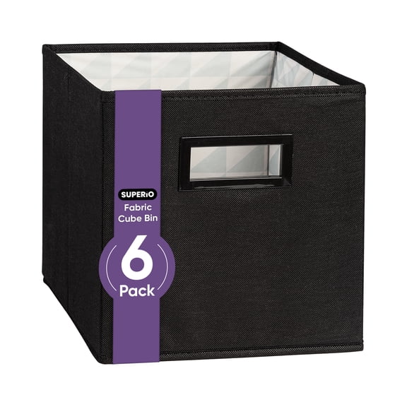 Superio Fabric Storage Basket for Shelves, Cube Bin for Cubby, 10.75 x 10.75 Foldable Open Storage Bin, Decorative Bin Organizer with Handle, Black, 6-Pack