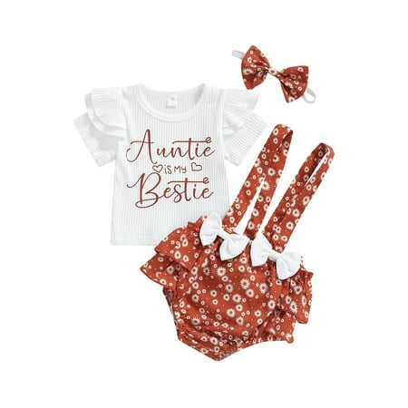 

Genuiskids Toddler Baby Girls 3Pcs Outfit Summer Letter Ruffle Short Sleeve T-Shirt+Rose Sun Bow Layered Cuffed Suspender Triangle Pants+Bow Headband Set