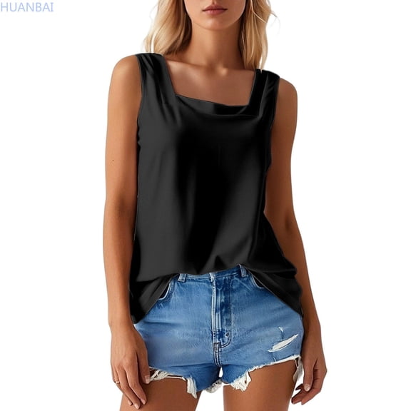 HUANBAI Women's Square Neck Shirt With Vest Design Cotton Tank Top
